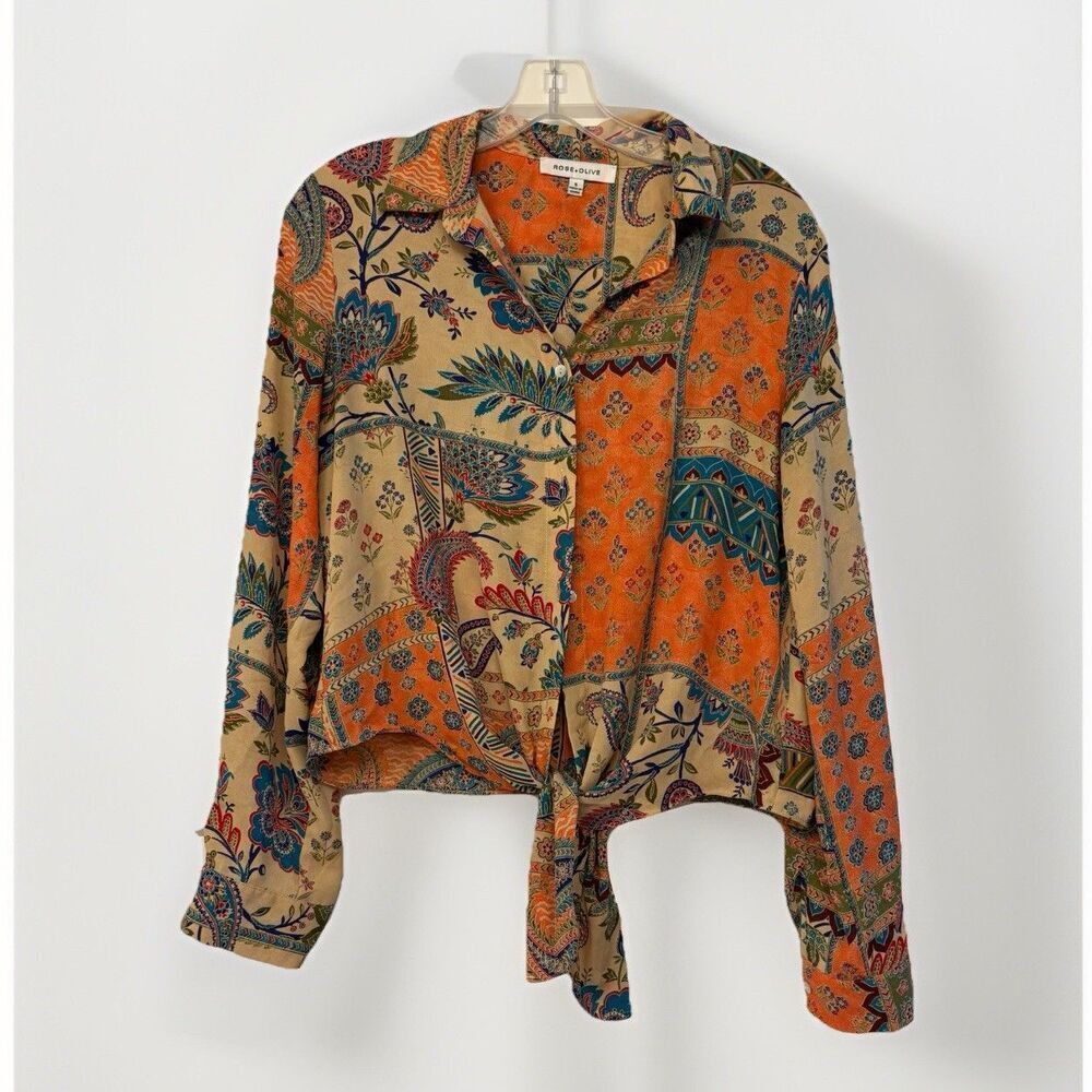 Rose + Olive Button Up Tie Knot Shirt Blouse Cream Orange Women’s Top Size Small